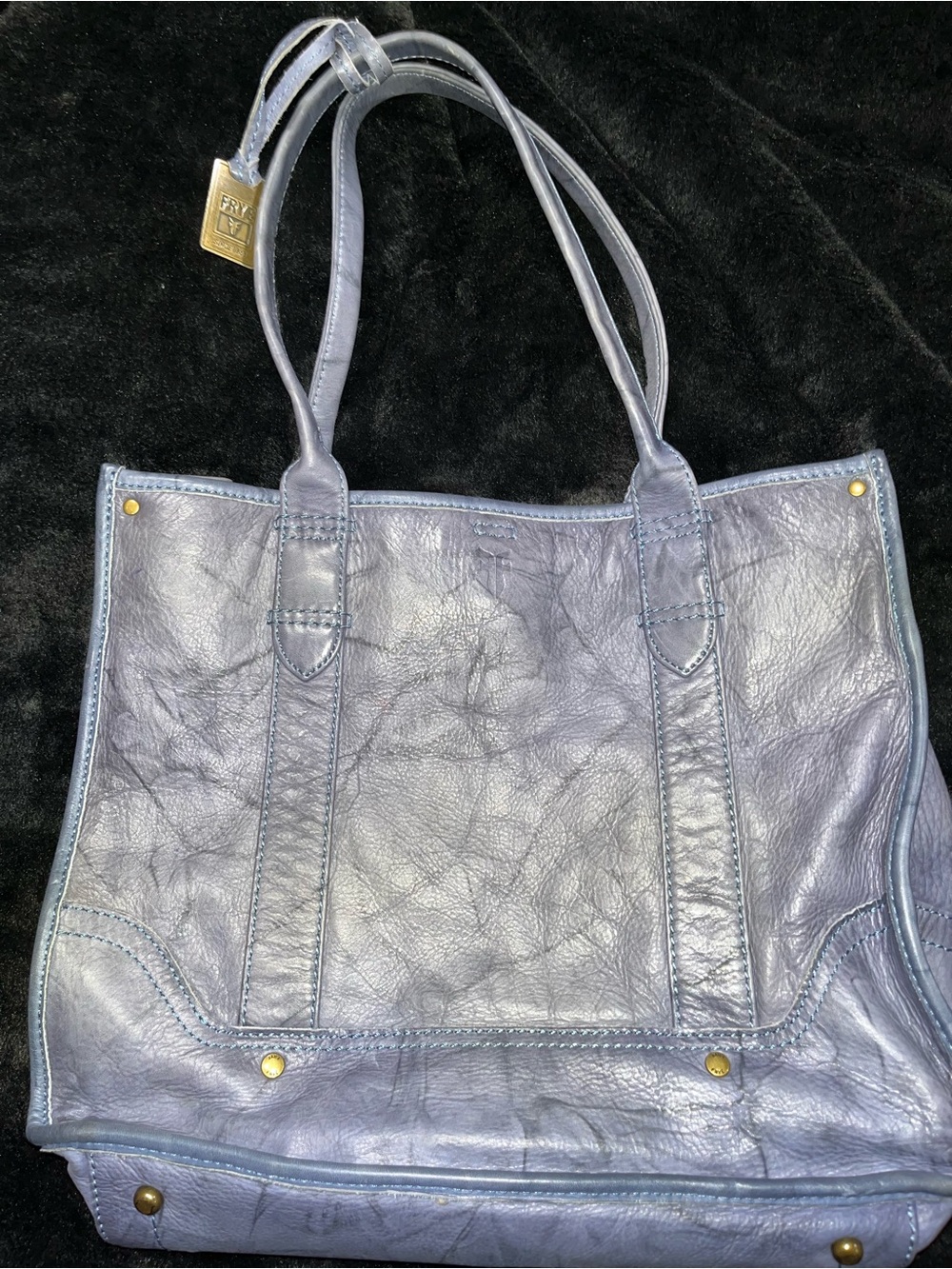 FRYE Blue Leather Tote Bag with Gold Accent